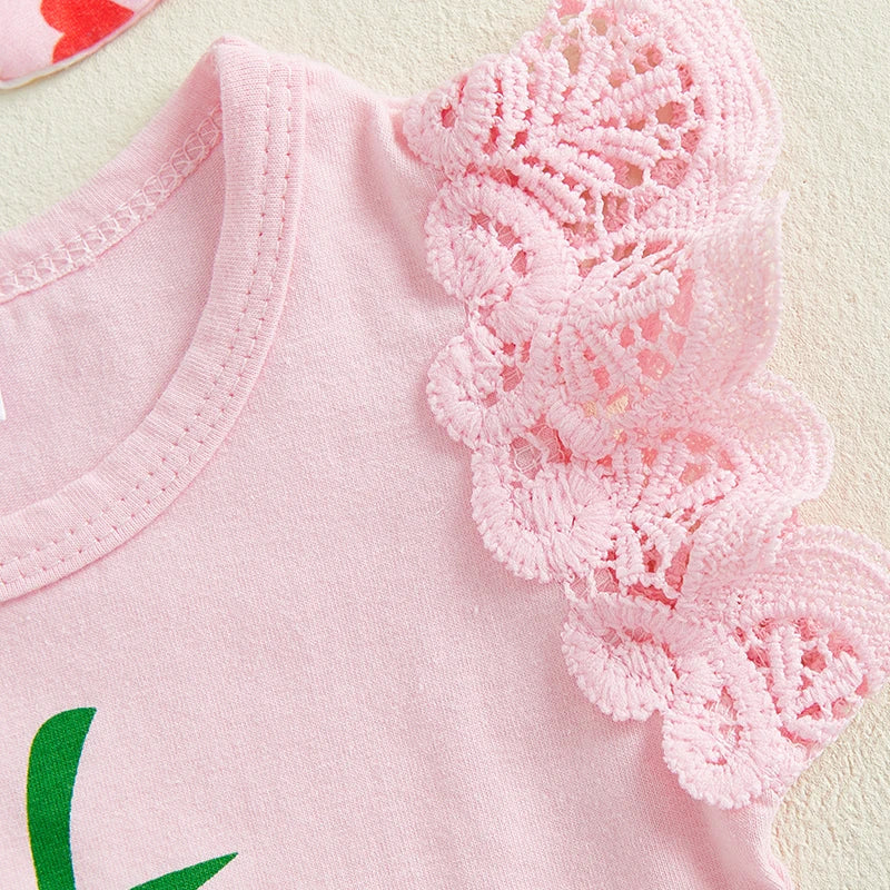 0-18M Baby Girls Summer Clothes Sets Flying Sleeves Letter Fruit Print Romper Tiered Ruffled Shorts with Headband