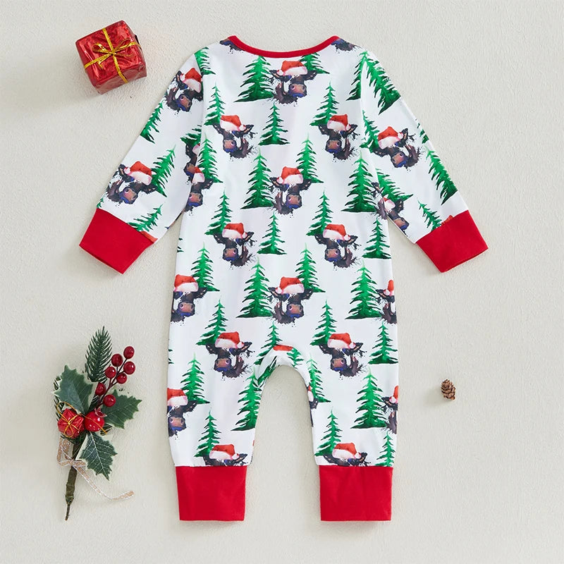 0-12M Baby Girls Boys Christmas Rompers Cow Print Long Sleeve Zipper Jumpsuits