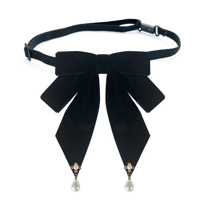 Vintage Velvet Fabric Bow Tie Brooch - Pearl Bowknot Badge Shirt Collar Pin Luxury Necktie