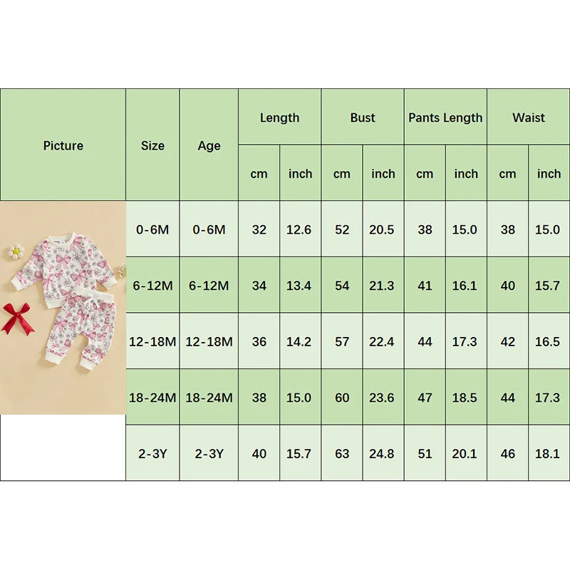0-3Y Toddler Baby Girls Fall Clothes Sets 2pcs Bow Flower Print Long Sleeve Sweatshirt Elastic Waist Pants