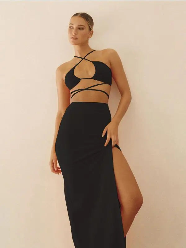 Women's Bandage Cut Out Halter Neck Top and Skirt Set Gathered Split Two Piece Set