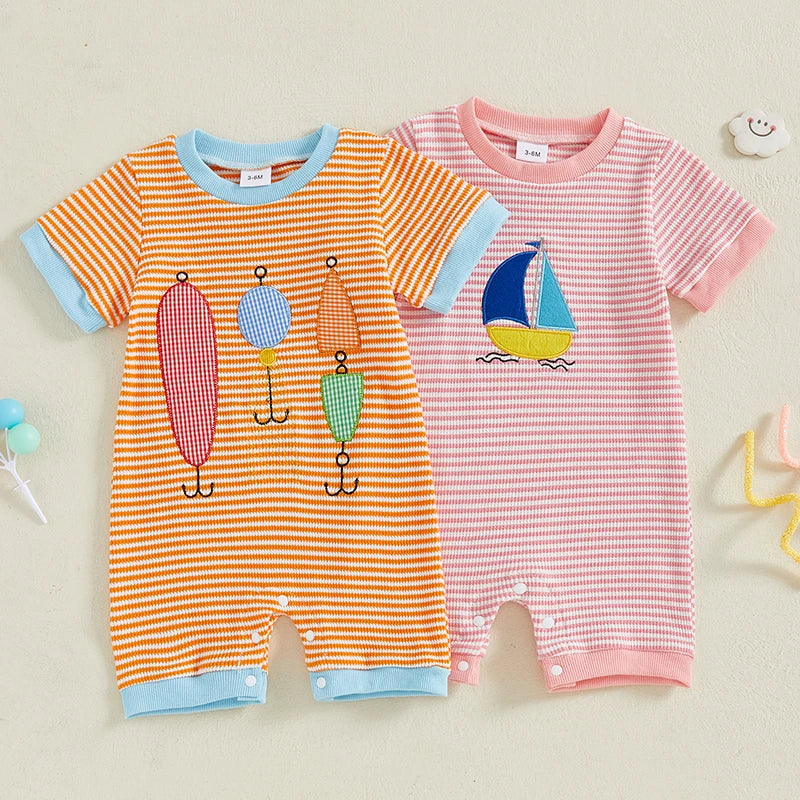Baby Boys Girls Jumpsuits Short Sleeve Crew Neck  Embroidery Rompers Newborn Playsuit