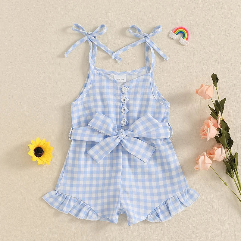1-5Y Kids Girls Summer Jumpsuit Plaid Print Sleeveless Button Up Ruffle Trim Overalls with Belt