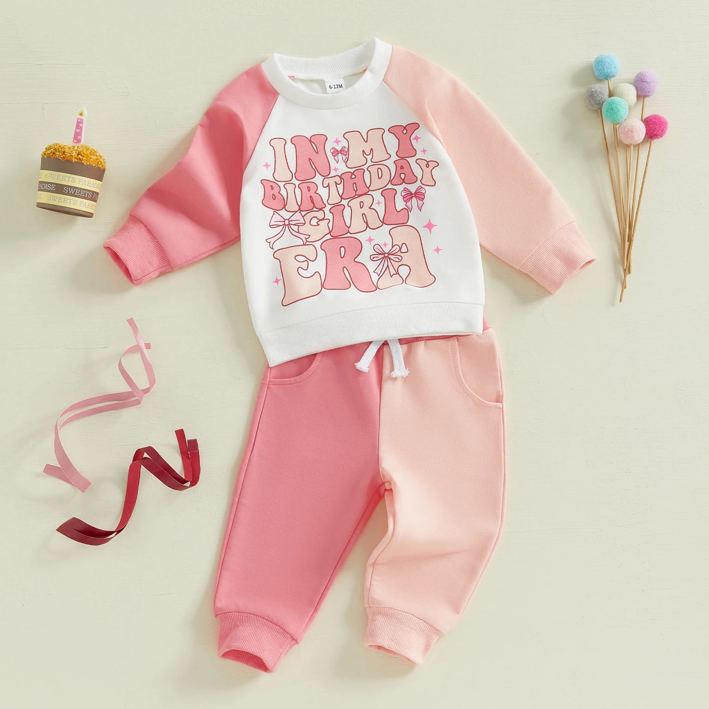 0-5Y Kids Girls Birthday Clothes Set Colour Patchwork Long Sleeve Letter Print Sweatshirt with Pants