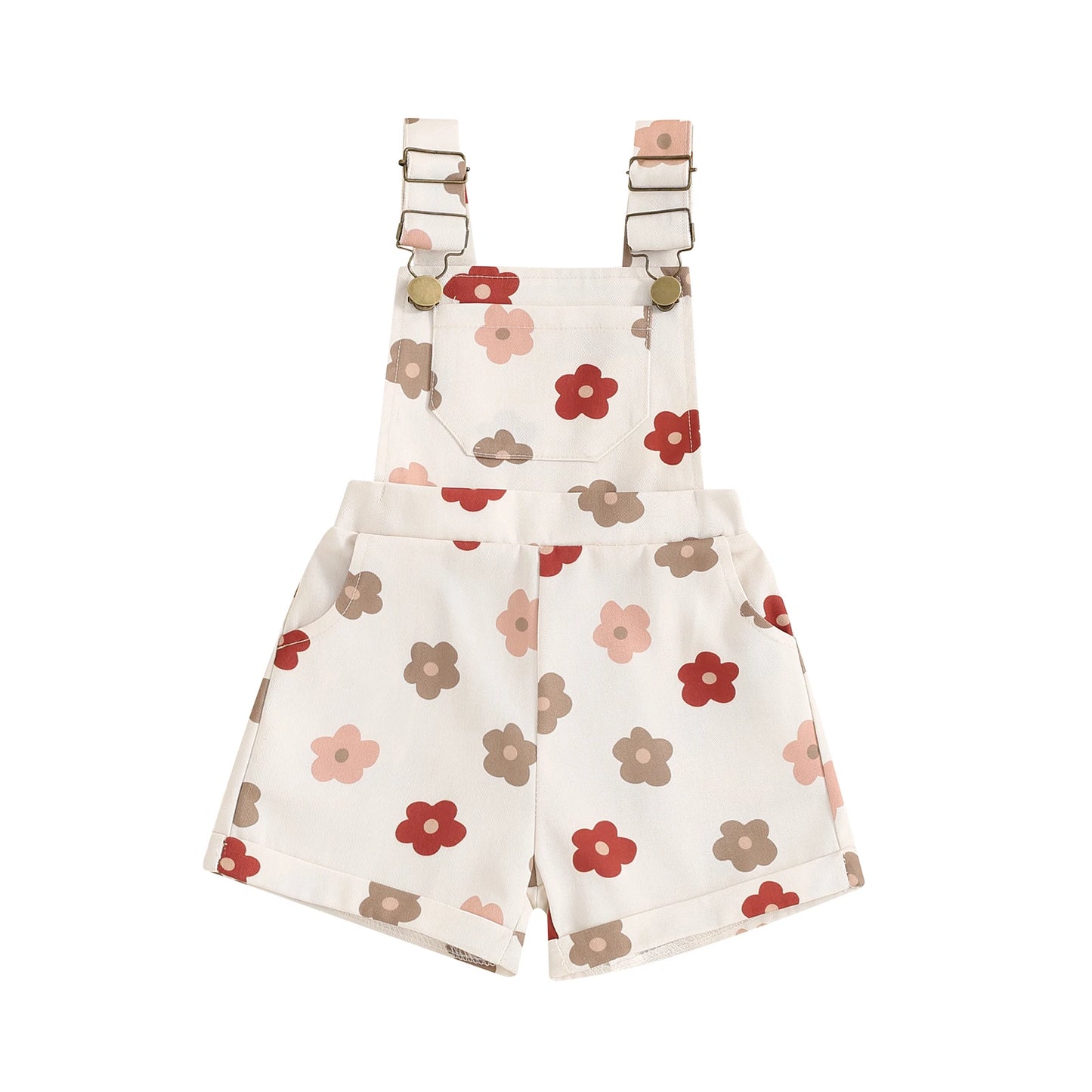 Kids Girls Overalls Shorts 0-6Y Sleeveless Straps Strawberry/Flower Print Denim Button Pocket Jumpsuit