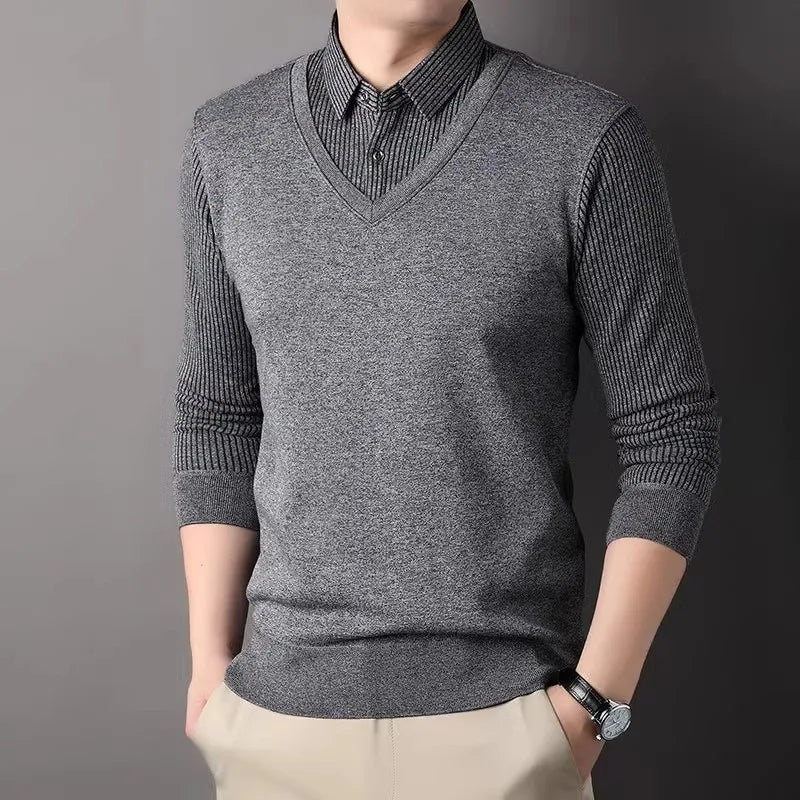 Men's Winter Fleece Knit Sweater - Smart Casual Layered Collar Pullover