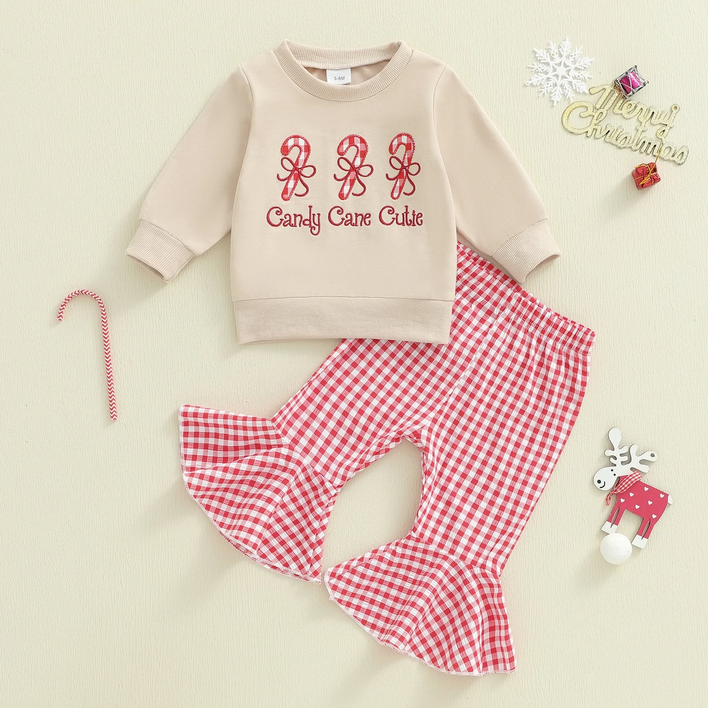 Baby Girls 2-Piece Christmas Clothes Set - Candy Cane Bow Embroidery Sweatshirt & Pants (0-3Y)