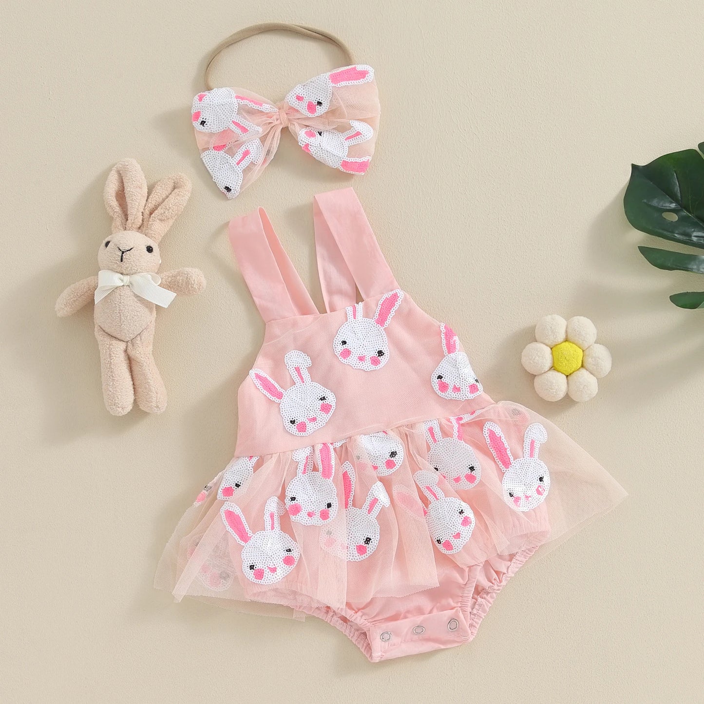 0-7Y Baby Girls Easter Sleeveless Dress/Romper Tie-Up Spaghetti Strap Sequin Rabbit Pattern Tulle A-Line Dress
