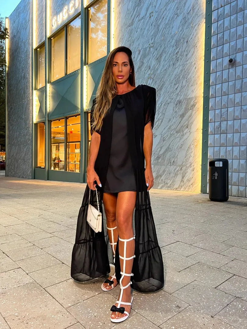 Women's Short Sleeve Shadow  Semi-sheer Cape Dress