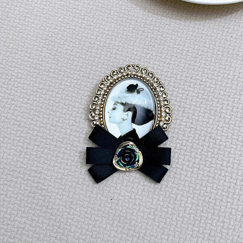 Retro Beauty Head Brooch - Velvet Bow Badge Flower Corsage Pin