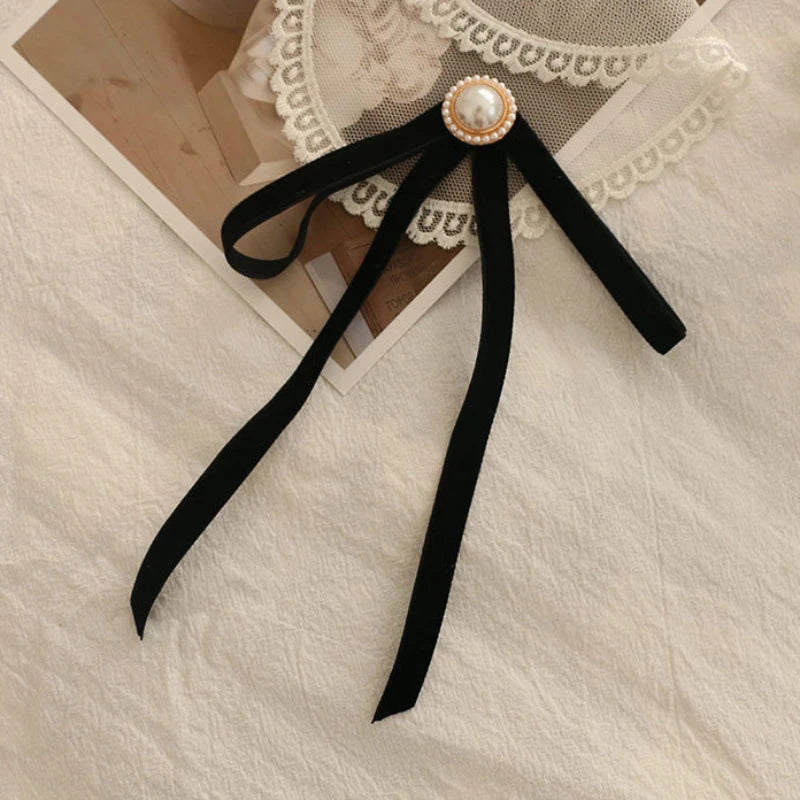 Anime Style Velvet Bow Pearl Brooch - Sweet Academic Pin for Girls