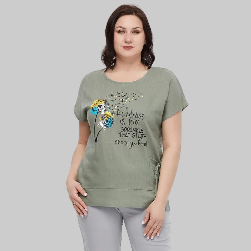 Women's Oversized Cotton Linen Floral Print T-Shirt – Short Sleeve