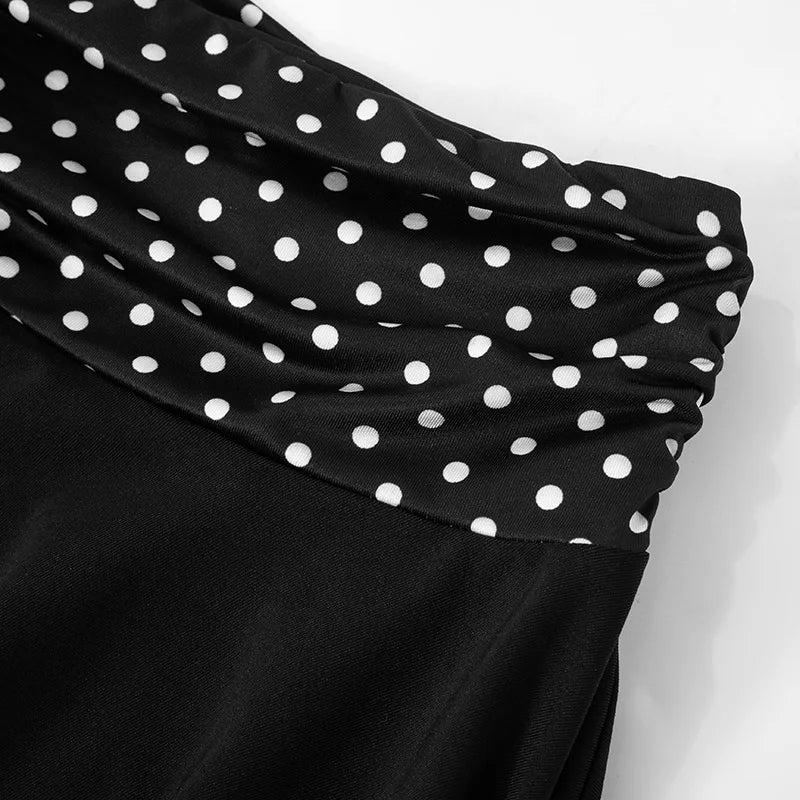 Women's Skirt Two Pieces Set Halter Neck Short Sleeve Top Polka Dot Print Patchwork Skirt Set