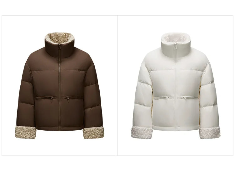 Down Jacket Women Loose Solid Color Winter Patchwork Imitation Lamb Wool Stand-Up Collar Textured