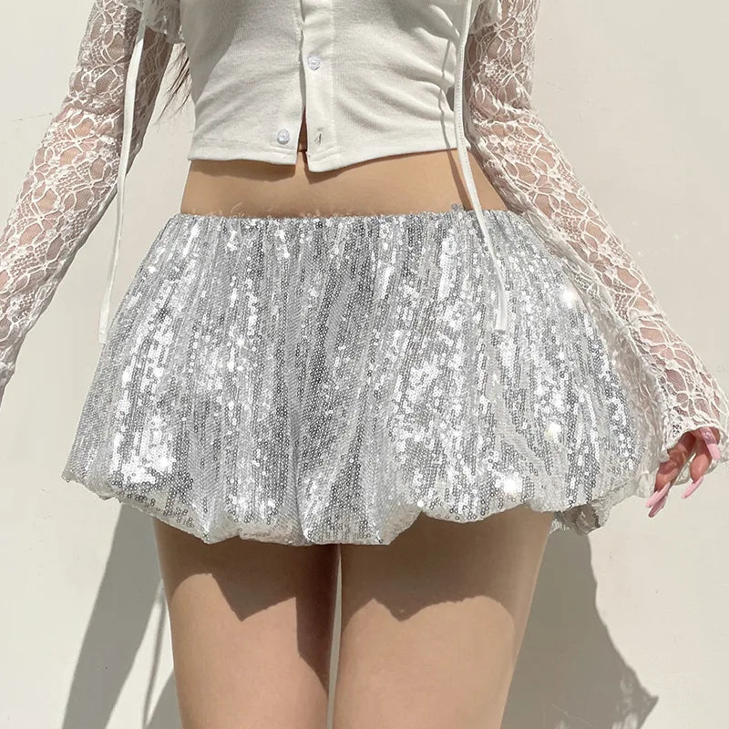 Women's Sequins Folds Low Waist Mini Skirt