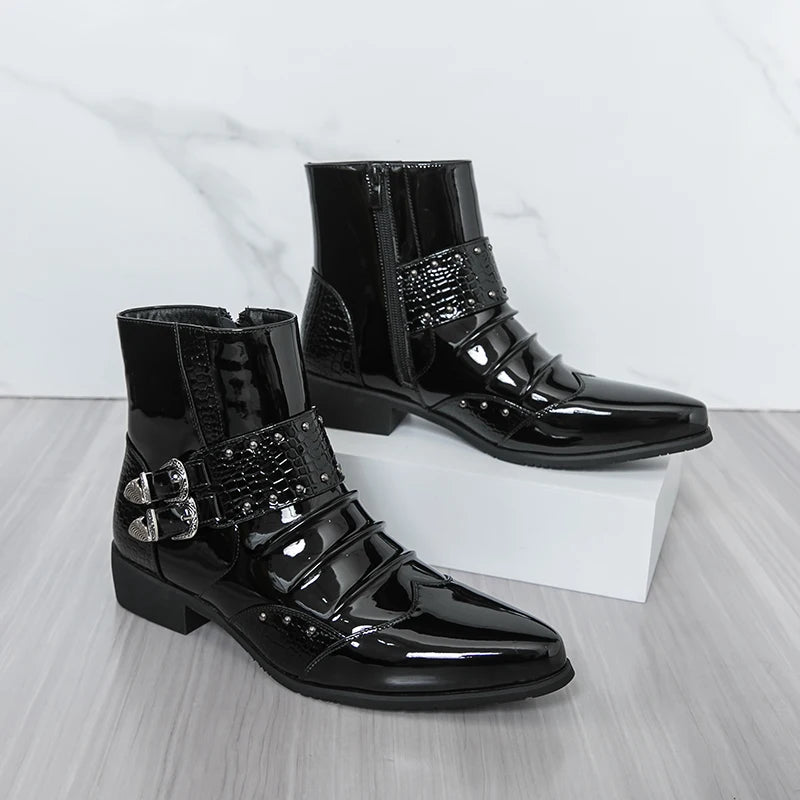 Men's Pointed Toe Motorcycle Boots - Patent Leather Metal Rivet Party Shoes