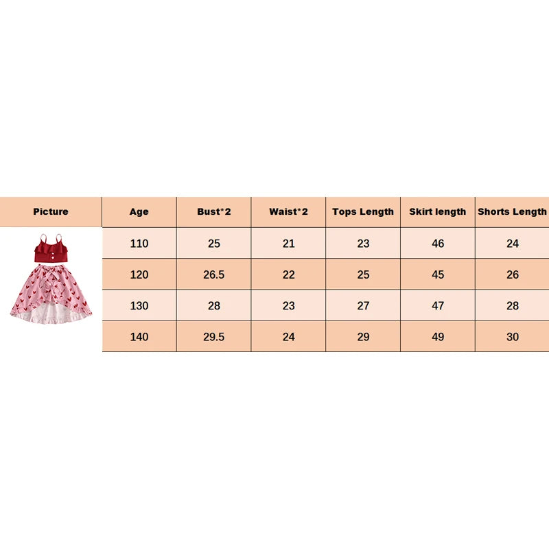 3-6Y Kids Girls Clothes Set Outfit Heart Print Sleeveless Camisole Low Ruffles Skirt Shorts Set