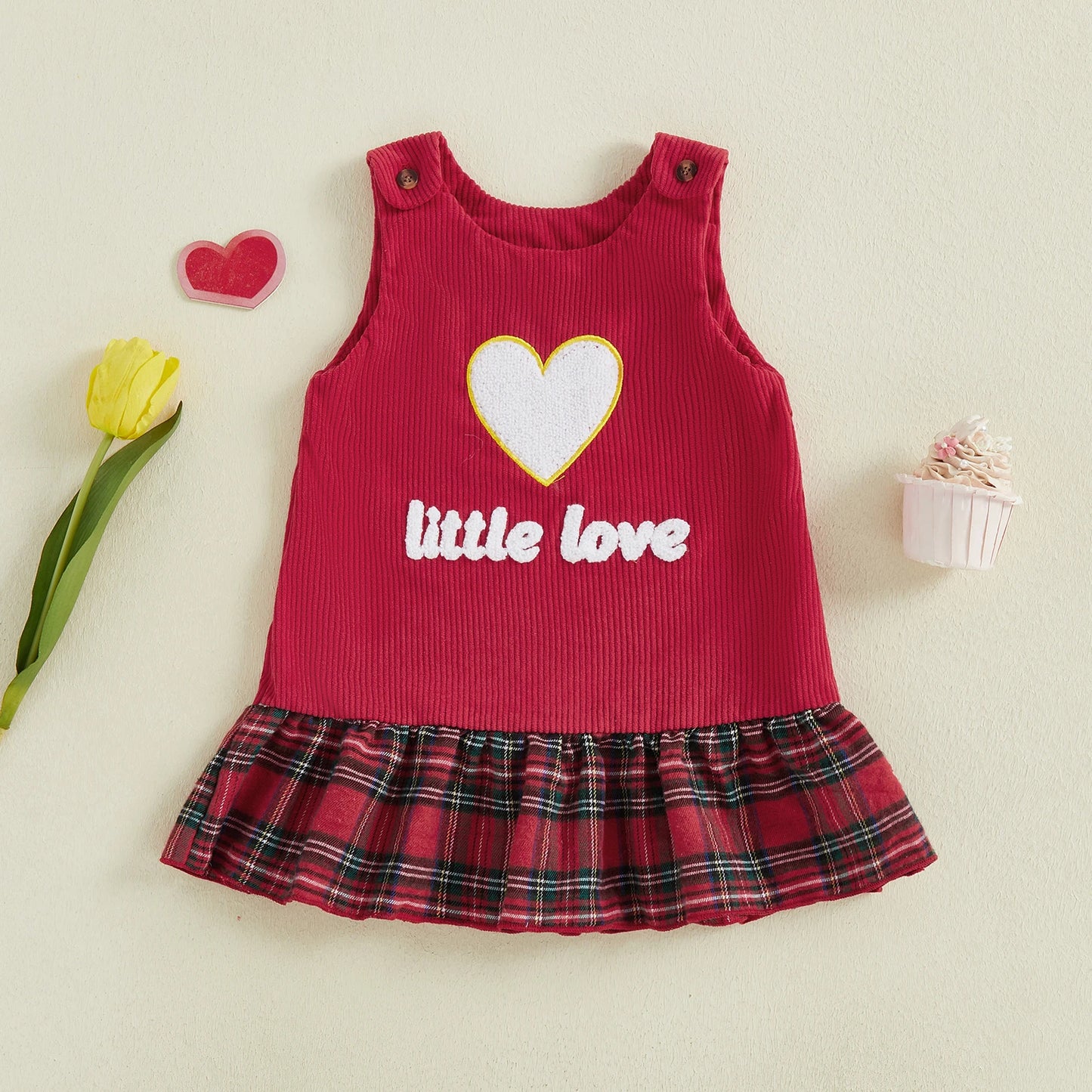 Baby Girls Valentine's Day Heart Embroidered Sleeveless Layered Ruffle Overall Dress