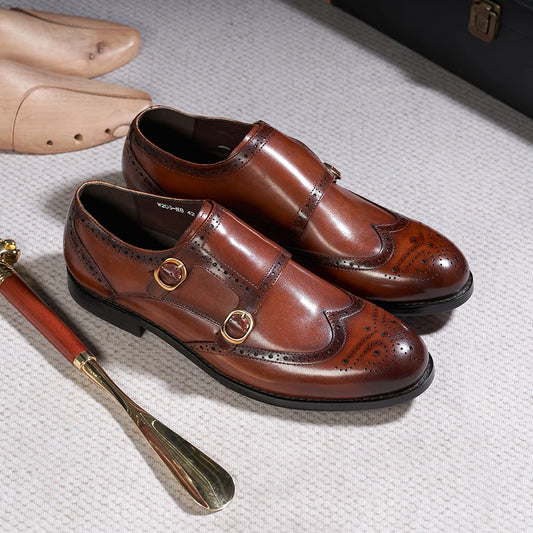 Men's Classic Brogue Double Buckle Monk Strap Genuine Leather Wingtip Business Office Wedding Formal Shoes