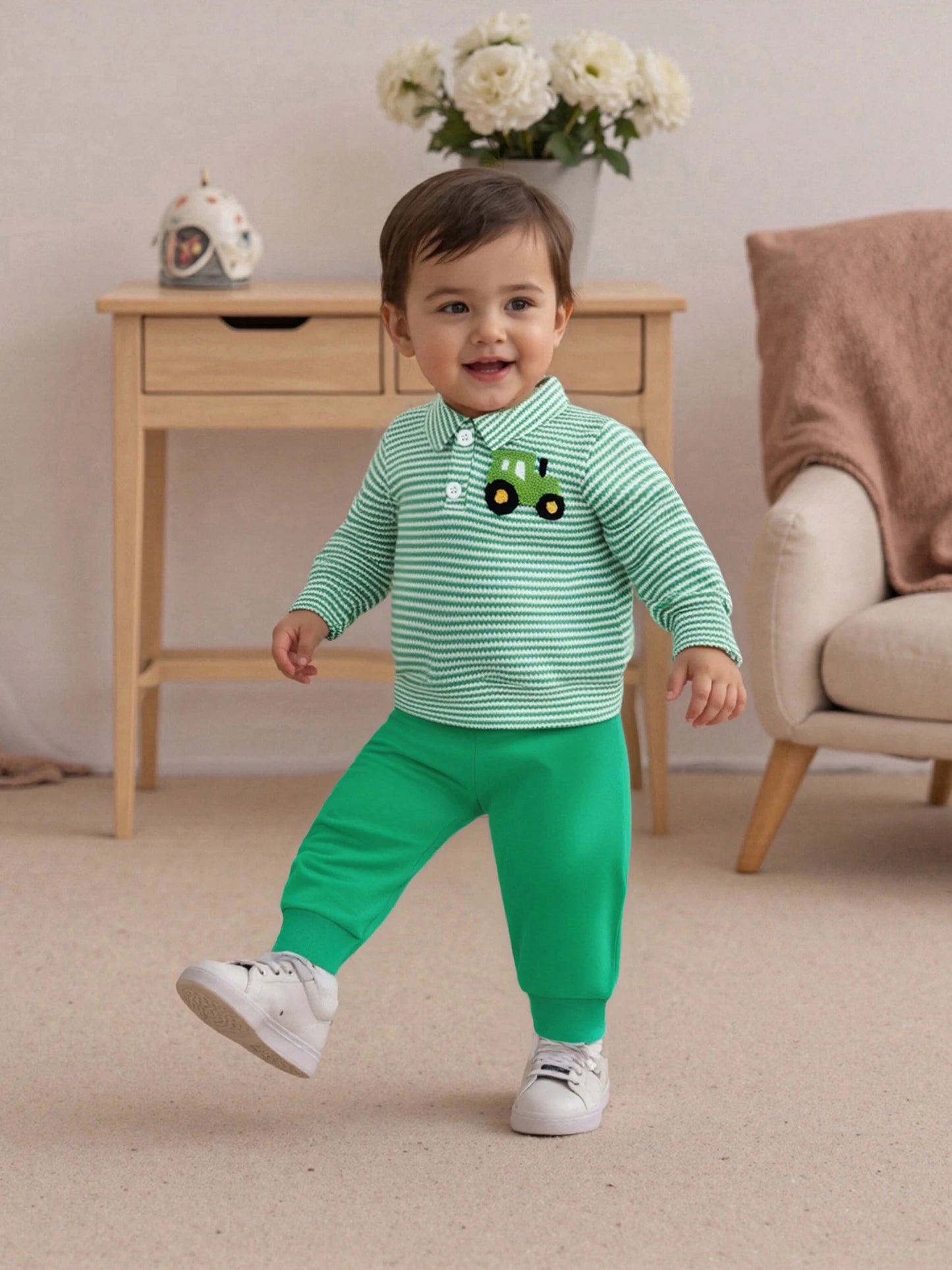 Infant Baby Boys Fall Winter Clothes Set - Long Sleeve Truck Embroidery Striped Top & Elastic Waist Pants