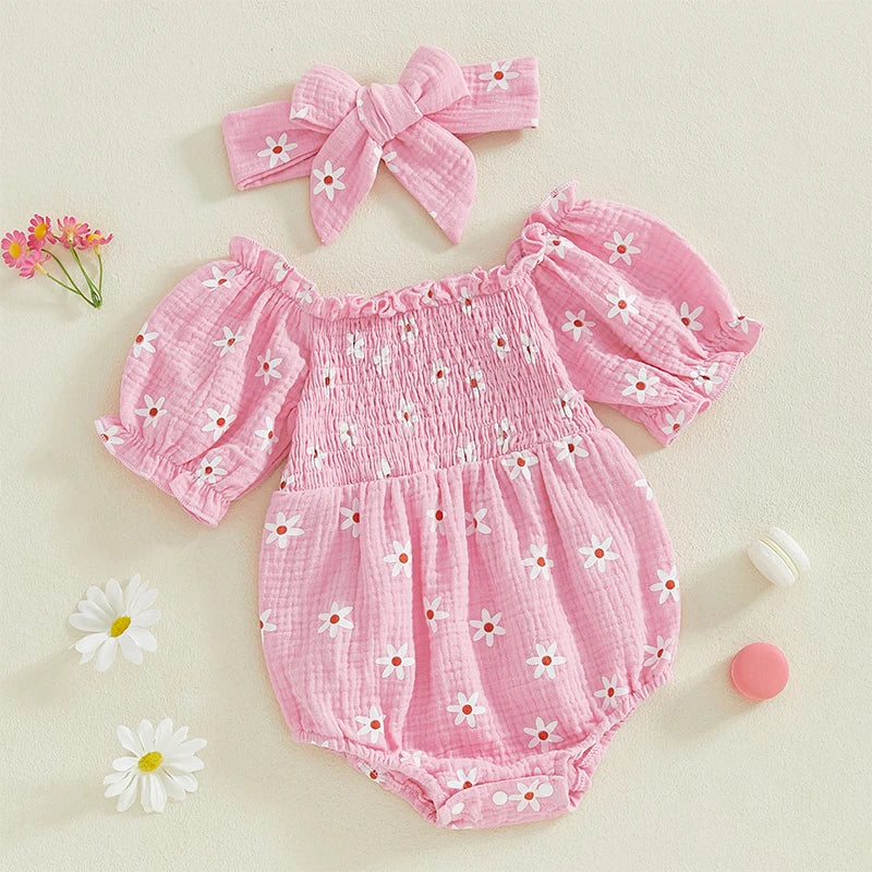 Baby Girls Summer Sunflower Romper - Off Shoulder Jumpsuit with Headband (0-18M)