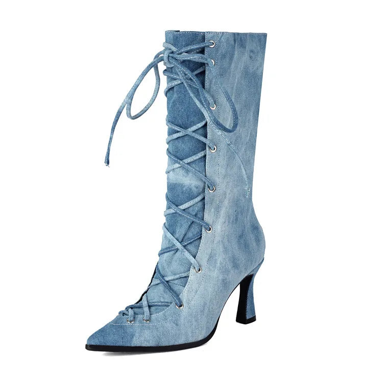 Women's Denim Blue 8cm Short Heel Ankle Boots