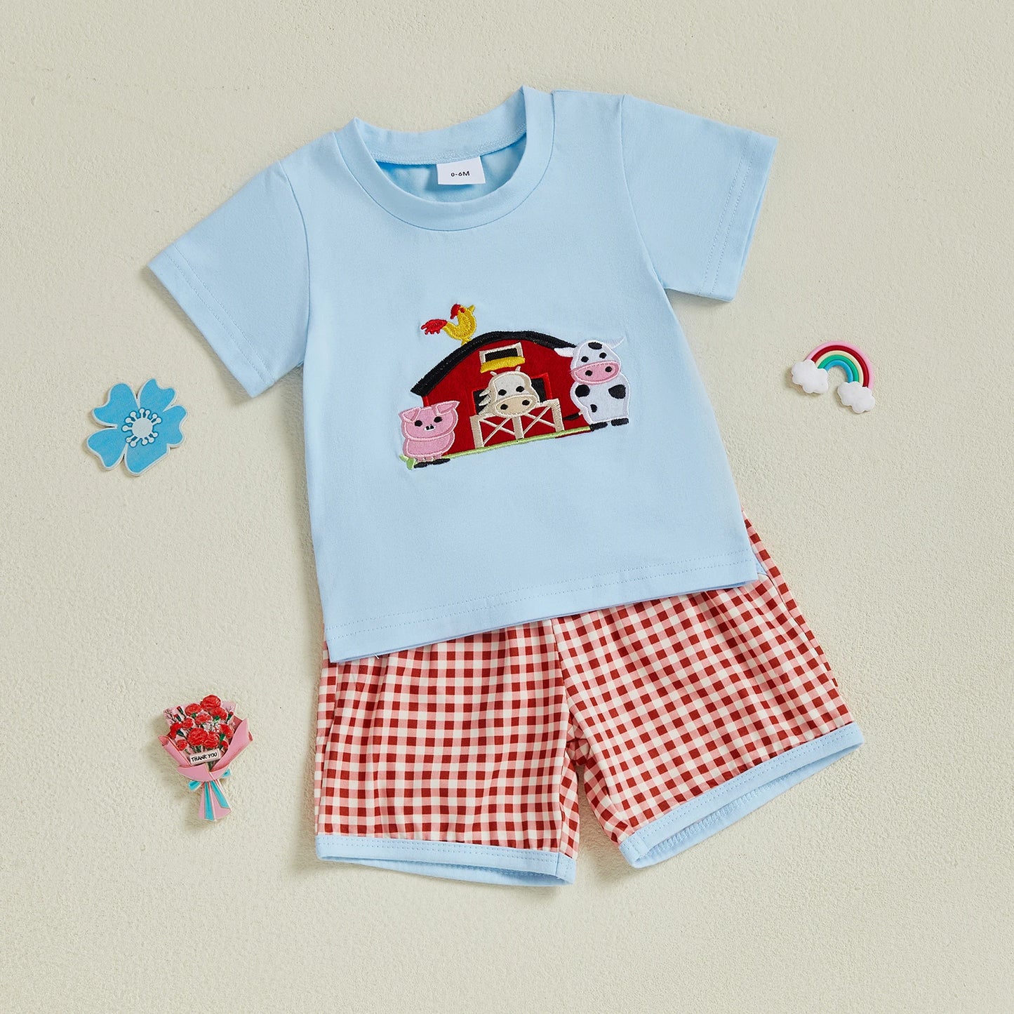 Infant Baby Boys Summer Outfit Set - Farm Animal Embroidery T-Shirt & Shorts (0-3Y)