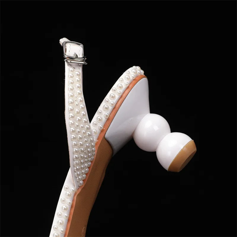 Women's 5cm Round Heel Shaped Heel Pearl Sandals