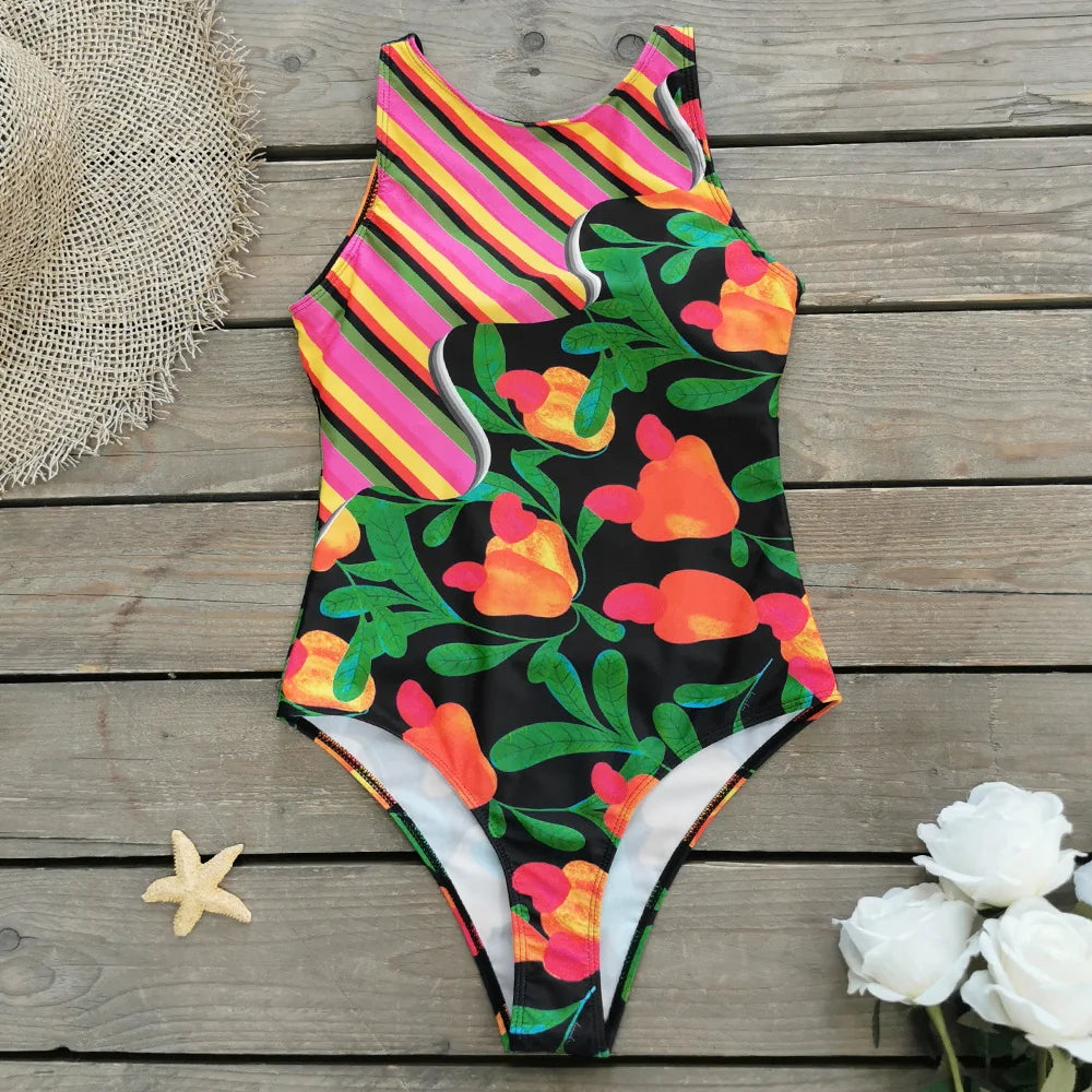 Women's Print One Piece Swimsuit Vintage Retro Backless Monokini