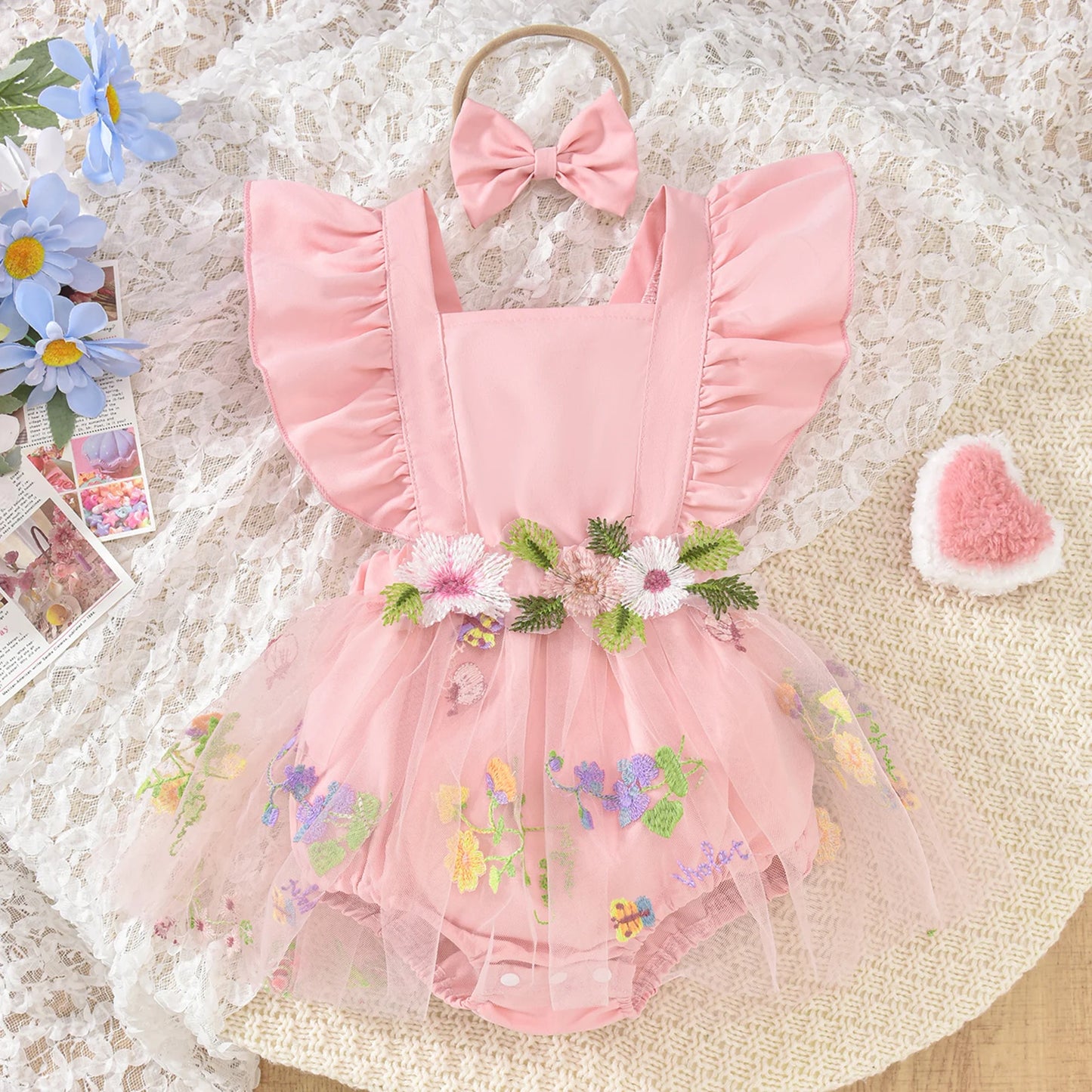 Baby Girls Romper Dress Set - Ruffles Fly Sleeve Flower Embroidery Tulle Jumpsuit