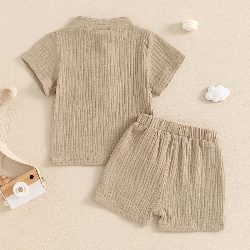 Little Boys Summer Gentleman Outfit Set - Solid Short Sleeve Top & Elastic Waist Shorts (0-4Y)