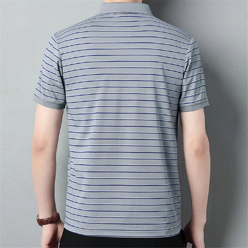 Men's Summer Striped Turn Down Collar Short Sleeve Smart Casual Wrinkle Free T-Shirt