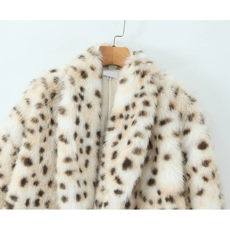 Faux Fur Leopard Print Long Coat - Long Sleeve Loose Warm Winter Outerwear