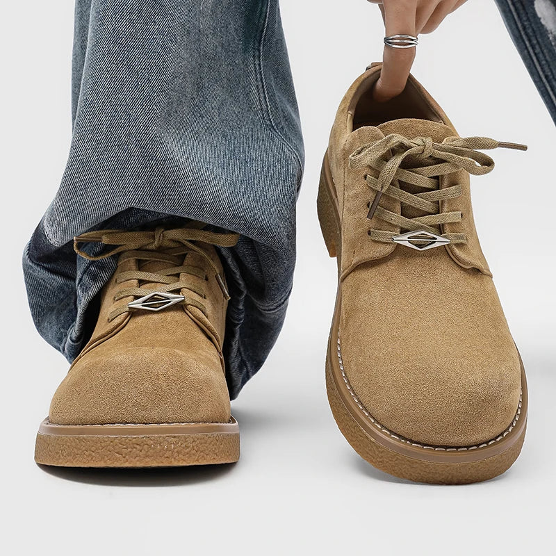 Men's Suede Leather Platform Work Shoes - Lace-Up Business Sneakers