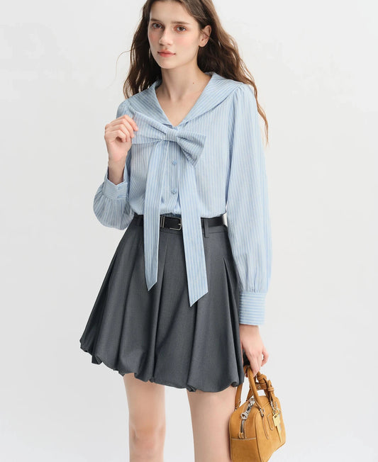 Plus Size Striped Shirt Dress with Navy Collar & Bow Detail