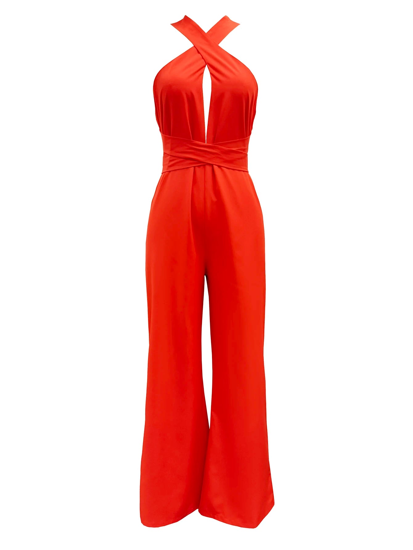 Women's Halter Sleeveless Criss Cross Waist Wide Leg Long Jumpsuit