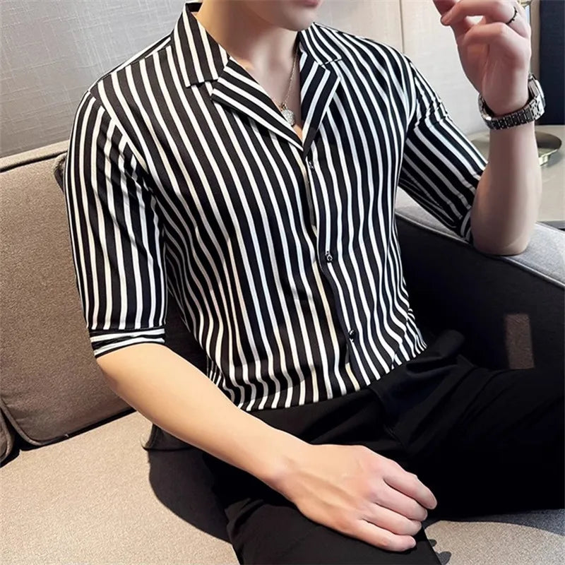 Men's Summer Half Sleeve Casual Slim Fit Striped Turn Down Collar Shirt