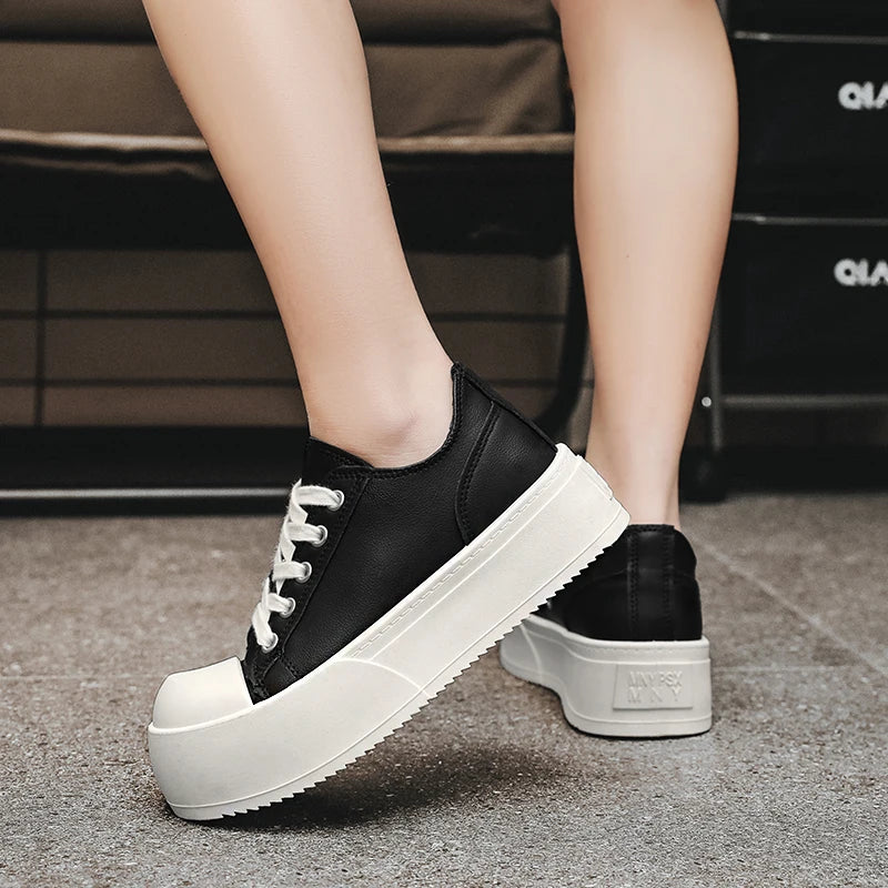 Men's Leather Platform Sneakers - Vulcanized Tennis Sports Shoes