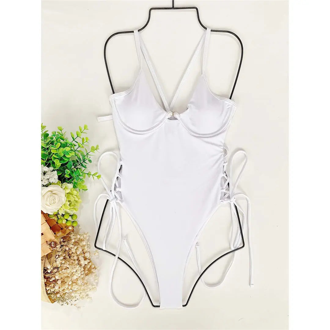 Women's Lace Up Underwired One Piece Swimwear Backless Swimsuit