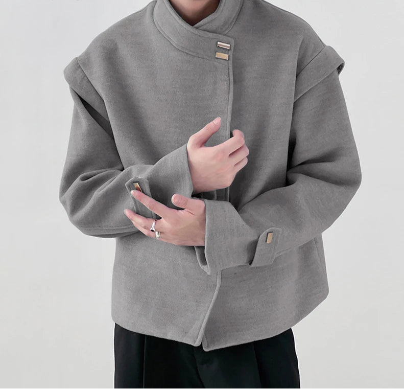 Men's Solid Simple Metal Buckle Design Jacket Coat Long Sleeved Jacket