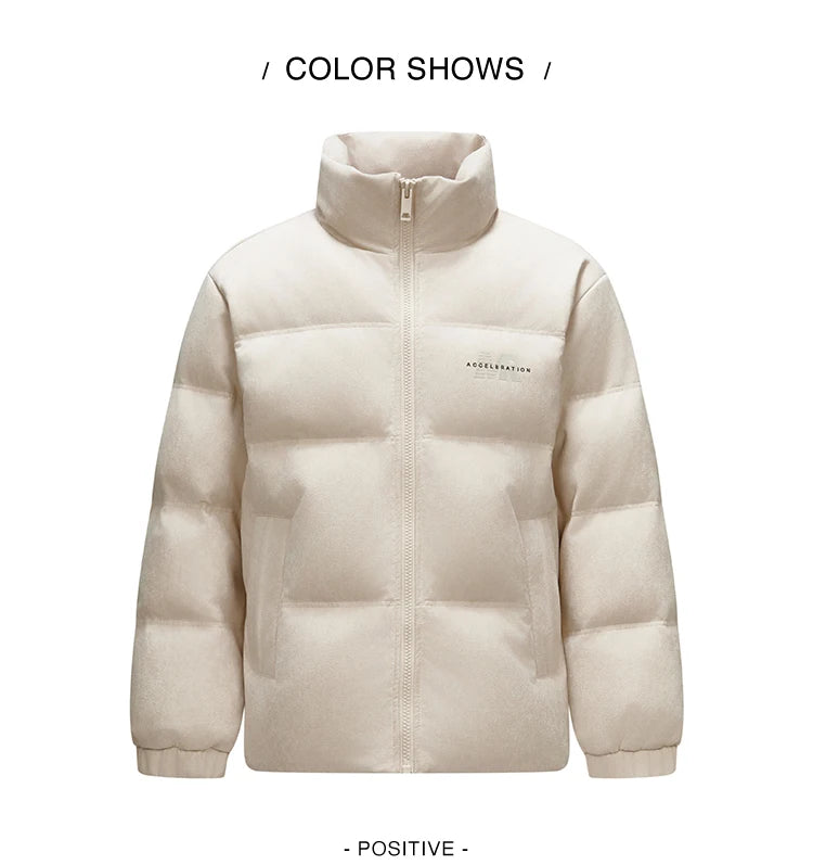 Down Jacket Men Faux Suede Texture Stand Collar Puffer Coat Winter Loose Fit Warm Outerwear
