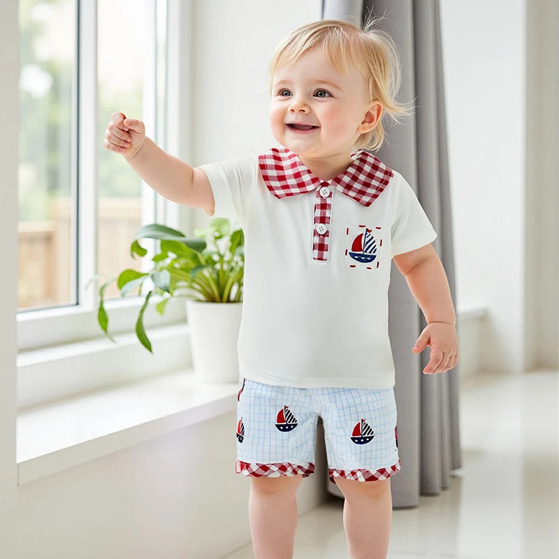 Baby Boys' Independence Day Outfit Set - Plaid Short Sleeve Shirt & Sailboat Shorts