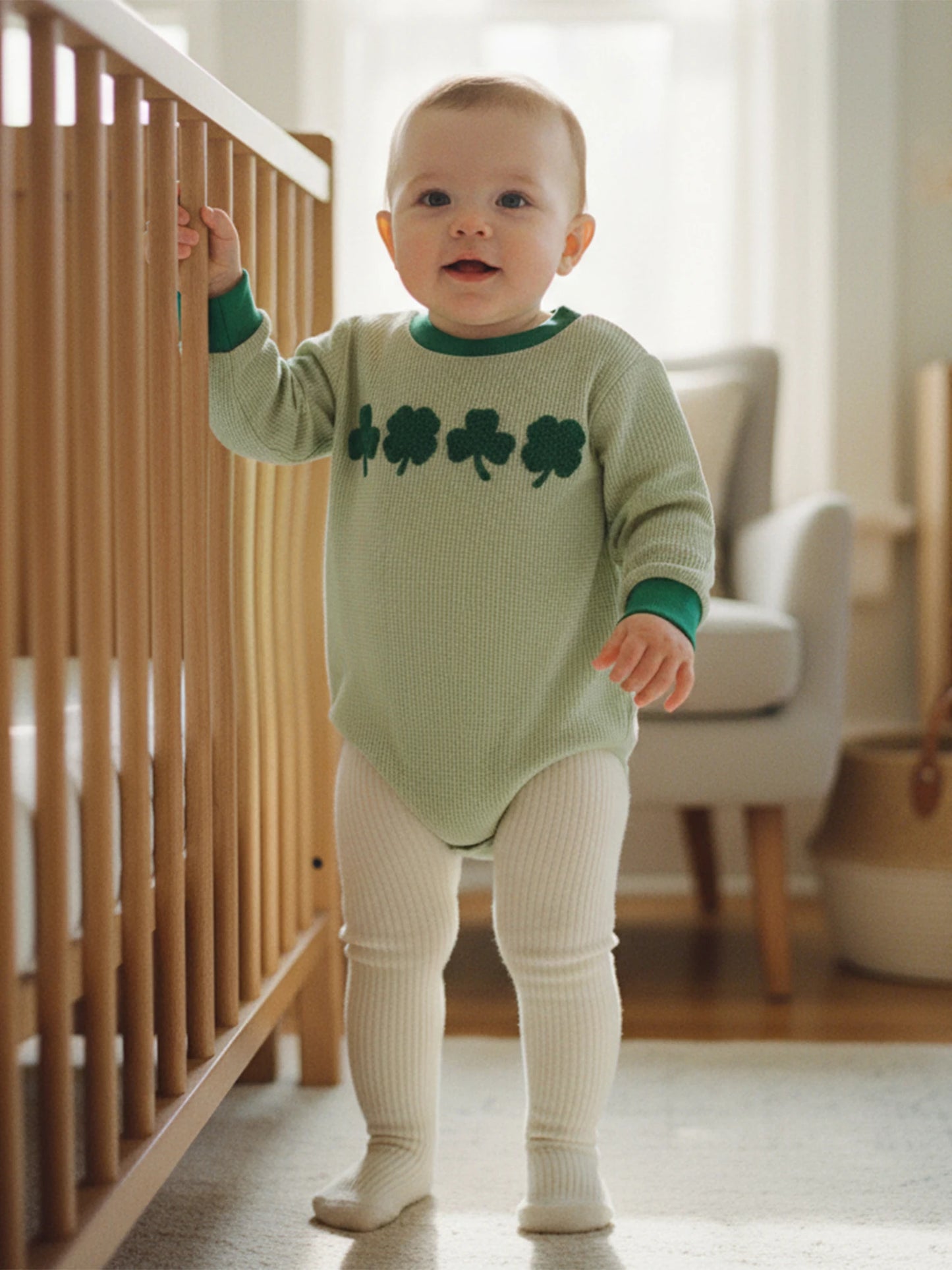 Baby Boys Girls Festival Romper - Shamrock Embroidery Plaid Long Sleeve Jumpsuit
