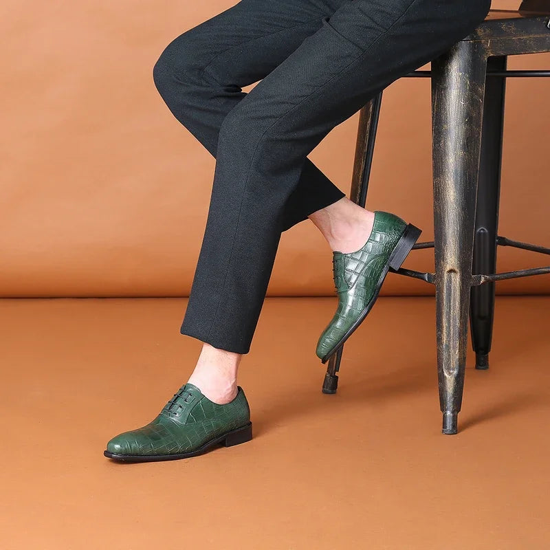 Crocodile Pattern Square Toe Brogue Leather Oxford Shoes