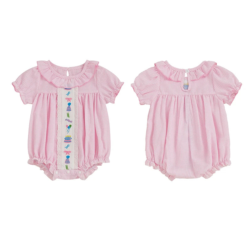 Baby Girls Birthday Romper with Cake Embroidery - Plaid Doll Collar Jumpsuit (0-24M)