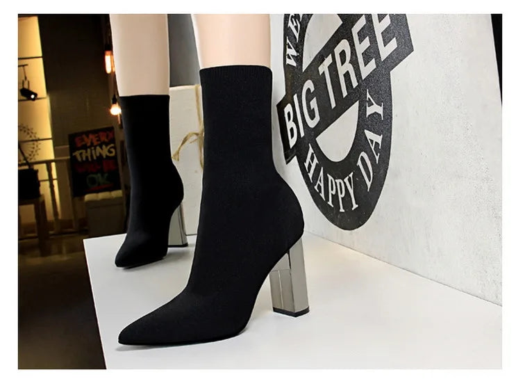 Women's Elastic Sock Boots - Metal Block Heel Ankle Boots Plus Size Available