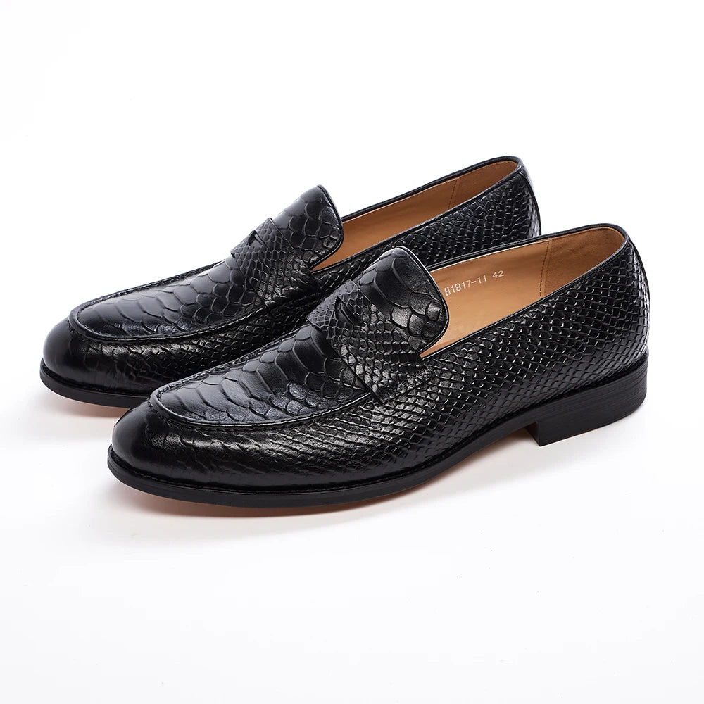 Men's Genuine Leather Snake Pattern Loafers – Pointed Slip-On Dress Shoes