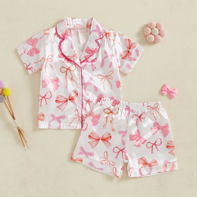 0-4Y Summer  Kids Girls Summer Pyjamas Clothes Sets 2pcs Flower Bow Print Single Breasted Shirts and Shorts