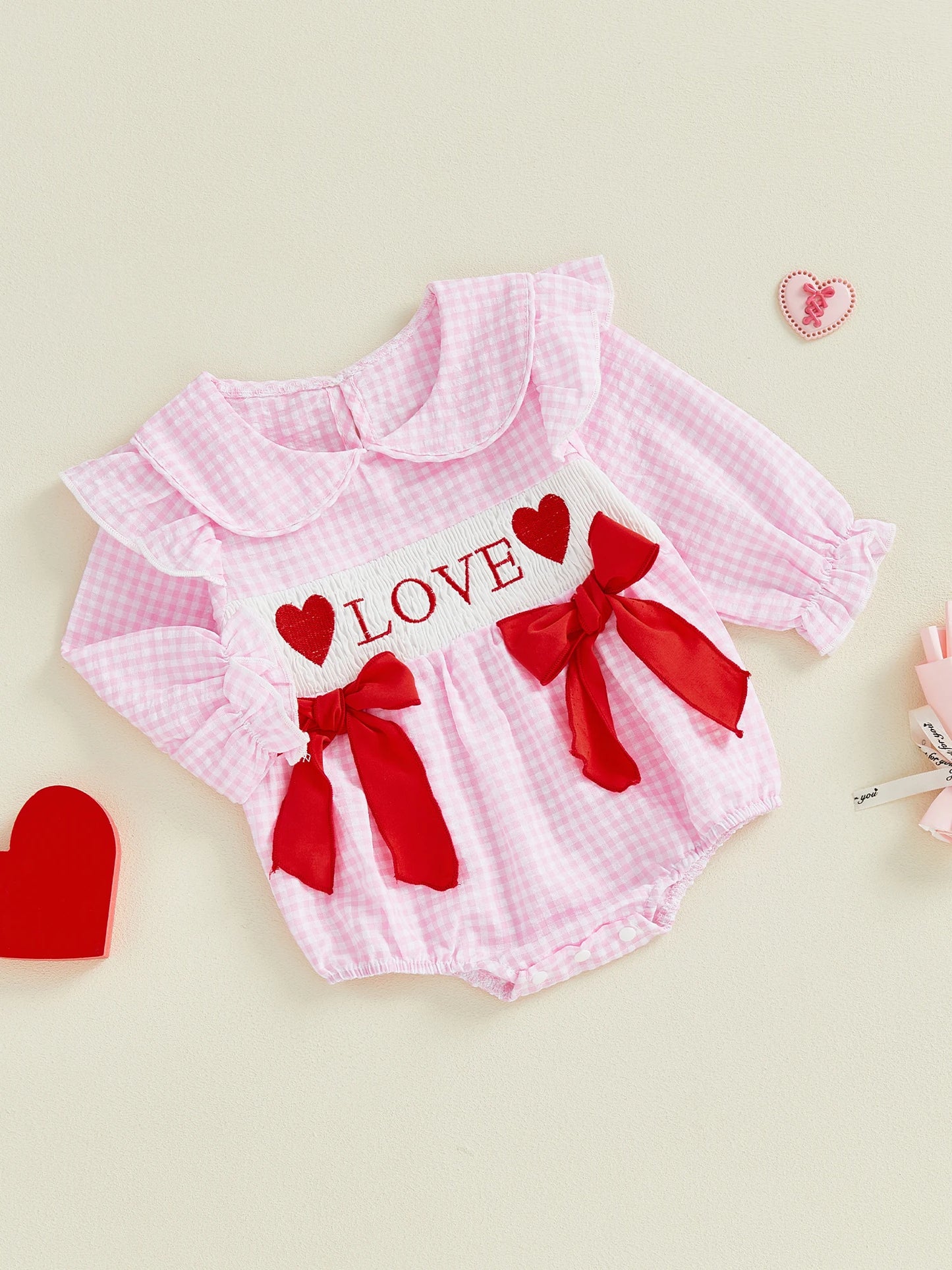 Baby Girls Valentine's Romper - Plaid Embroidered Ruffled Doll Neck Jumpsuit 0-18M