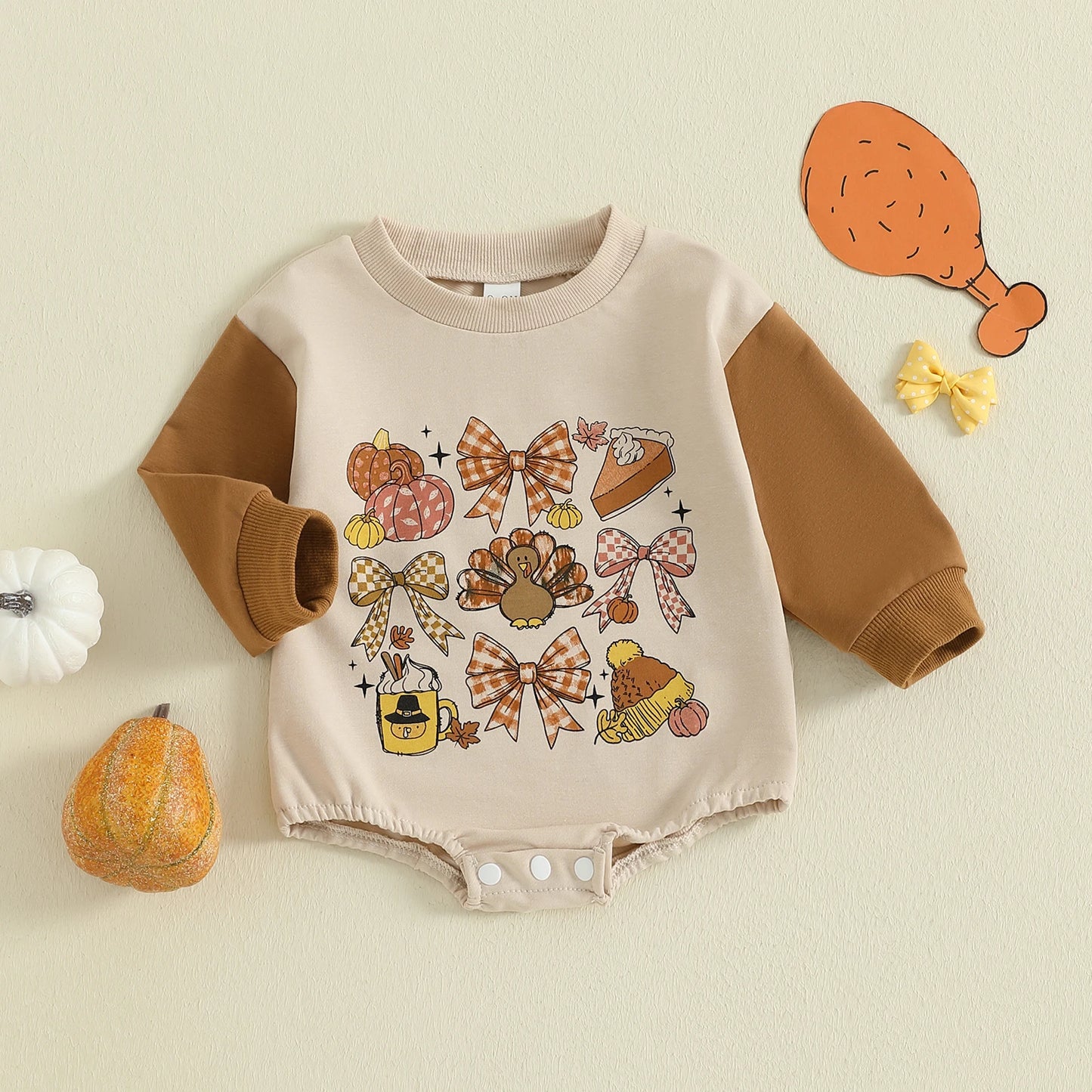 Baby Thanksgiving Romper - Bow Turkey Print Long Sleeve Bodysuit